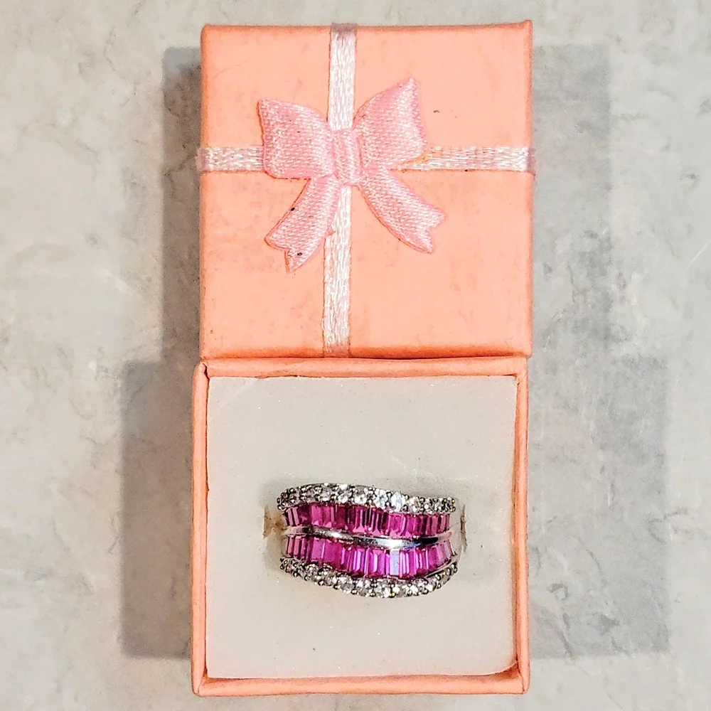 STERLING SILVER RUBY & DIAMOND RING BAGUETTE CUT RUBY & ROUND CUT DIAMONDS 8½ - Picture 2 of 16